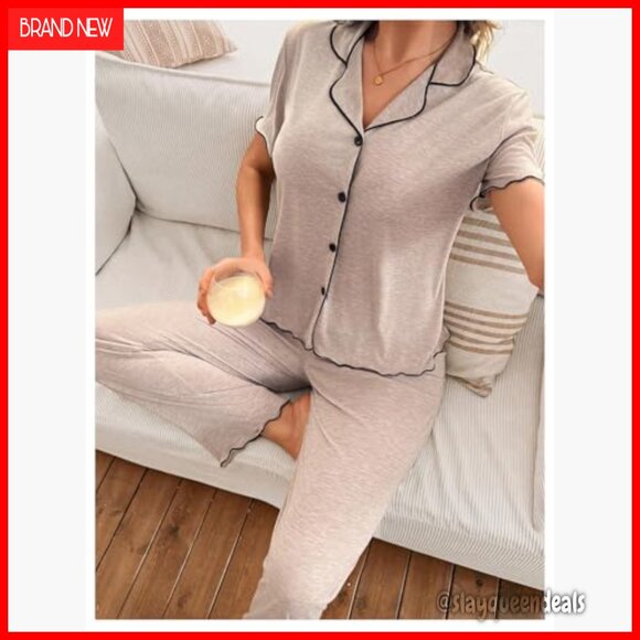 Soft Button Down Pajama Set Short Sleeve Shirt Pants Lounge Sleepwear - Picture 4 of 5